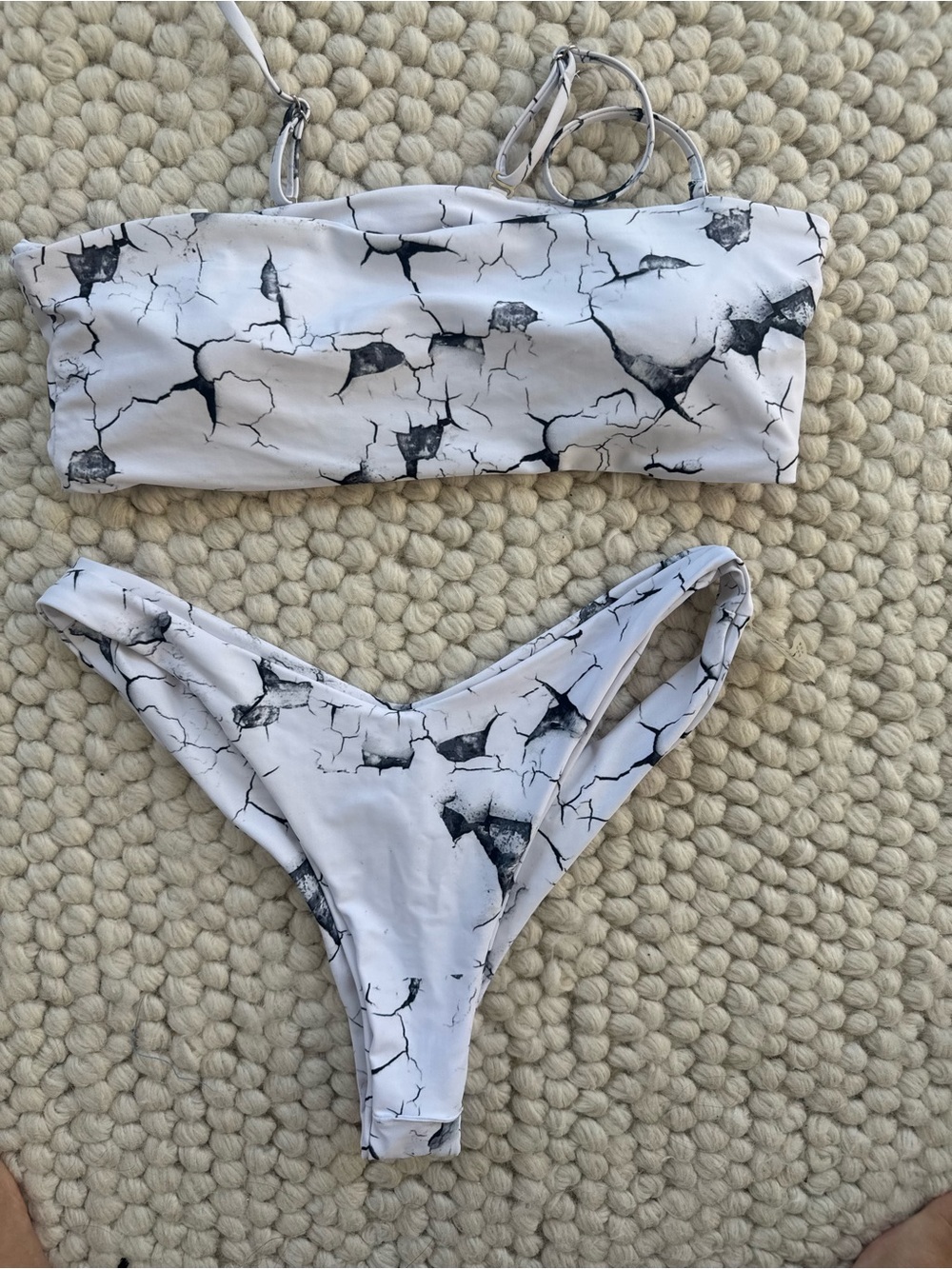 Zaful White Marble Print Bandeau Bikini Set